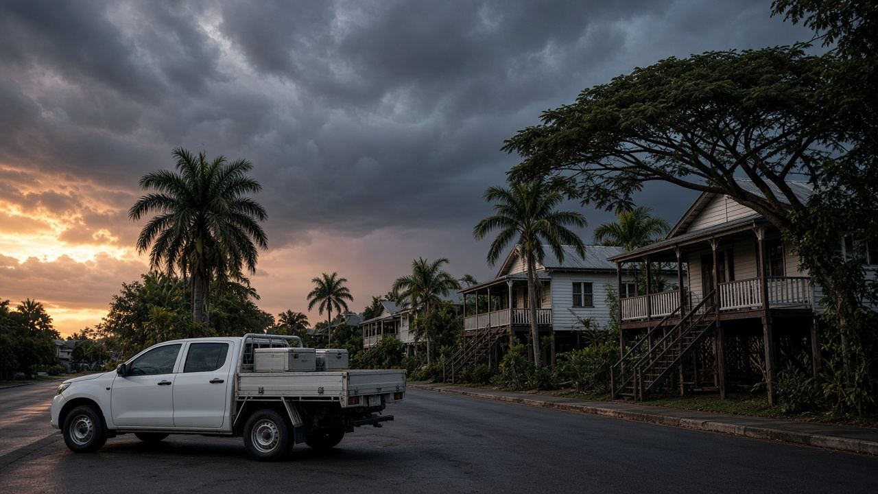 White ute parked outside a high-set home under storm clouds