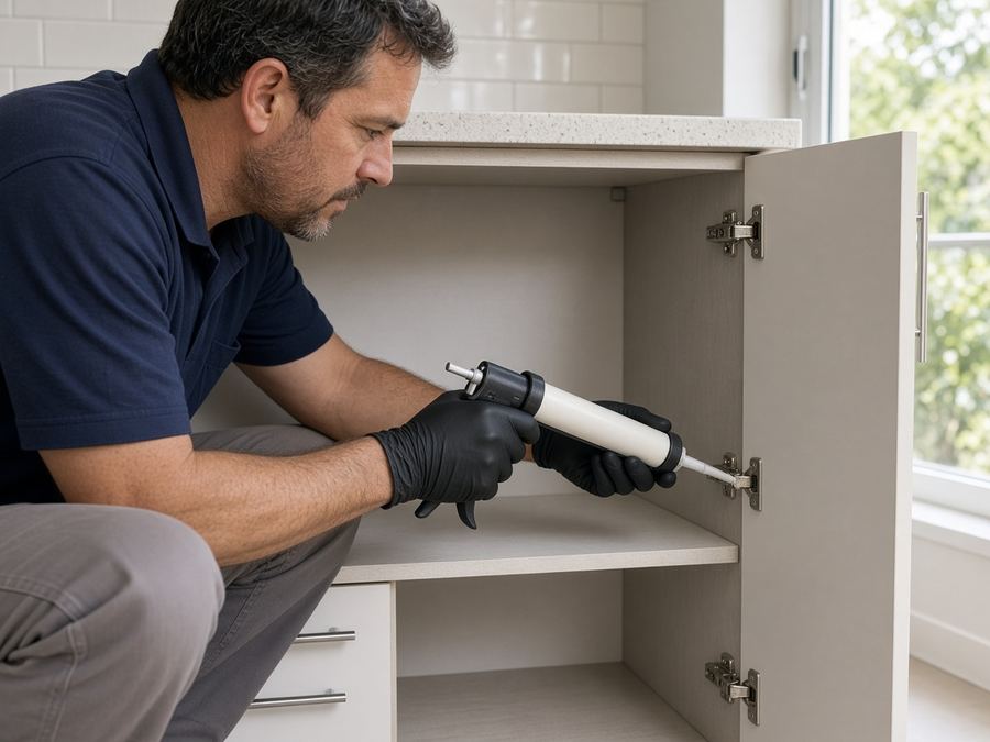 Technician applying gel bait inside a kitchen cupboard