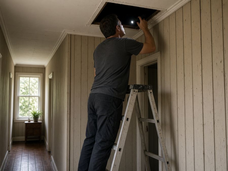 Inspector on a ladder checking a ceiling access hatch with a torch