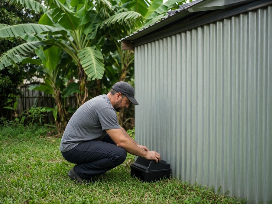 Technician setting a lockable bait station beside a garden shed