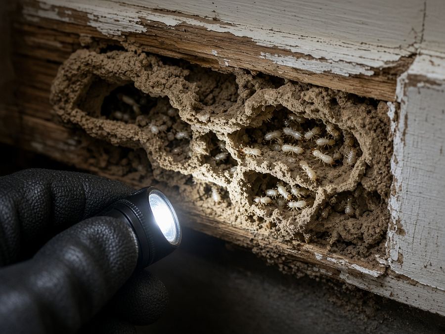 Torch lighting termite damage inside a wall cavity