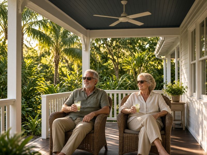Older couple relaxing on a shaded verandah with a ceiling fan
