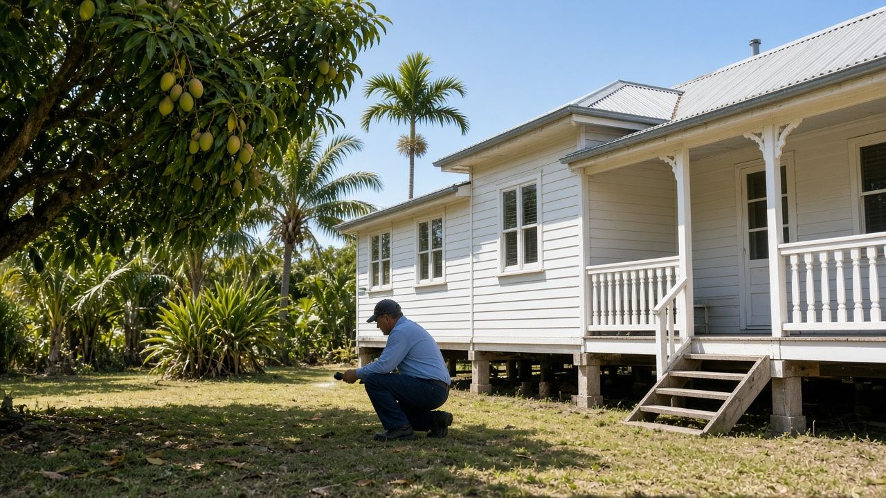 Pest control technician inspecting the yard of a white high-set Queenslander with palm trees