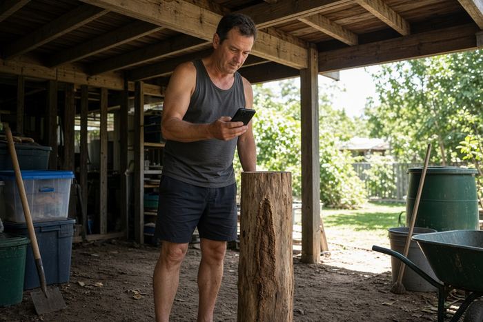 Man under a high-set house checking a timber stump with his phone