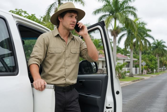 Pest control technician in a hat on the phone beside a white van in a street with palm trees