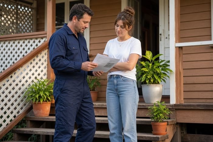 Technician showing a report to a homeowner at the front steps of a Queenslander